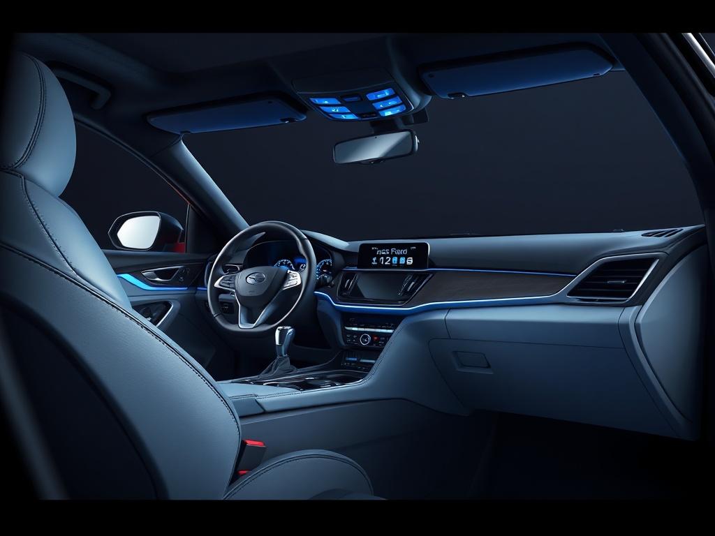 A high-resolution image of a clean, detailed car interior, showcasing fresh upholstery, spotless dashboard, and shiny windows. The composition should focus on the driver's seat and dashboard, highlighting the cleanliness and attention to detail. The background should be minimalistic to emphasize the interior details, with a dark theme and electric blue accents.