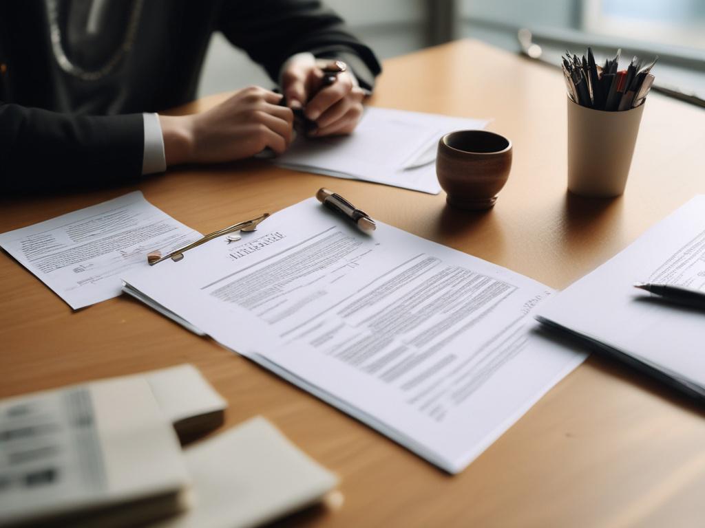 a close-up shot of a professional legal document preparation workspace, featuring neatly organized discovery documents and legal forms, with a focus on a person reviewing papers, warm and inviting atmosphere, natural lighting, compatible with rgb(50, 170, 39)