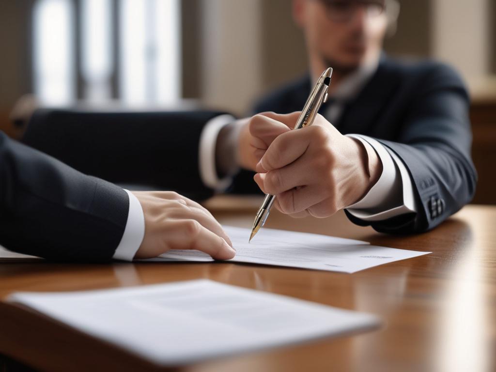 A close-up shot of a person signing legal documents for a name change, with a soft-focus courtroom background, emphasizing professionalism and clarity, shot with a 45mm f/1.2 lens, featuring a clean and organized workspace.