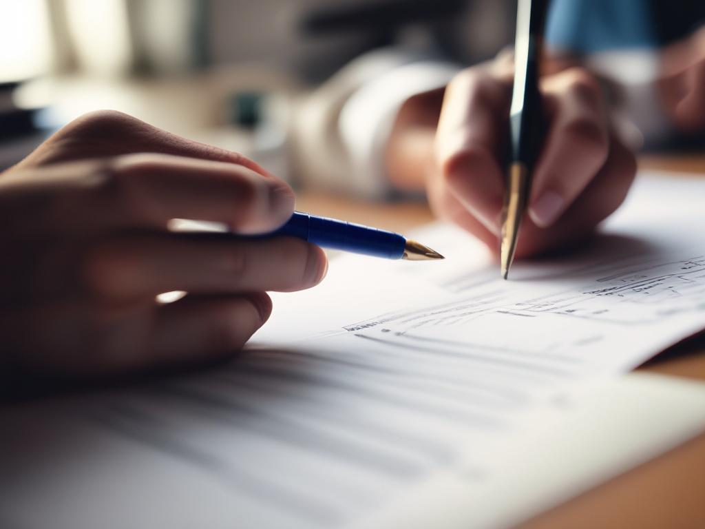 A close-up shot of a legal document being filled out by a hand holding a pen, with a blurred background of a calm and professional office environment, focusing on the document highlighting 'Conservatorship', captured with a 45mm f/1.2 lens.