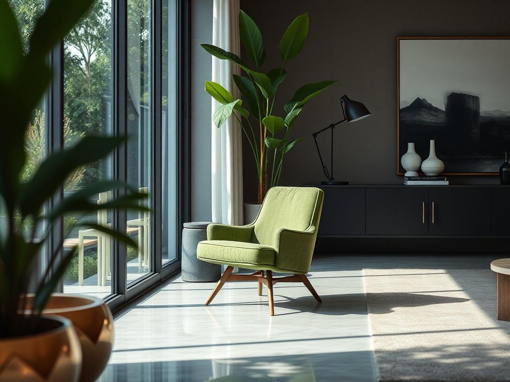 A hyper-realistic close-up shot of a beautifully designed interior space featuring elegant furniture, modern art pieces, and lush greenery. The composition should focus on a single stylish chair beside a large window with natural light streaming in, highlighting the textures and colors of the materials. The background should be softly blurred to emphasize the chair, and the color palette should include shades of green, complemented by the primary color rgb(50, 170, 39).