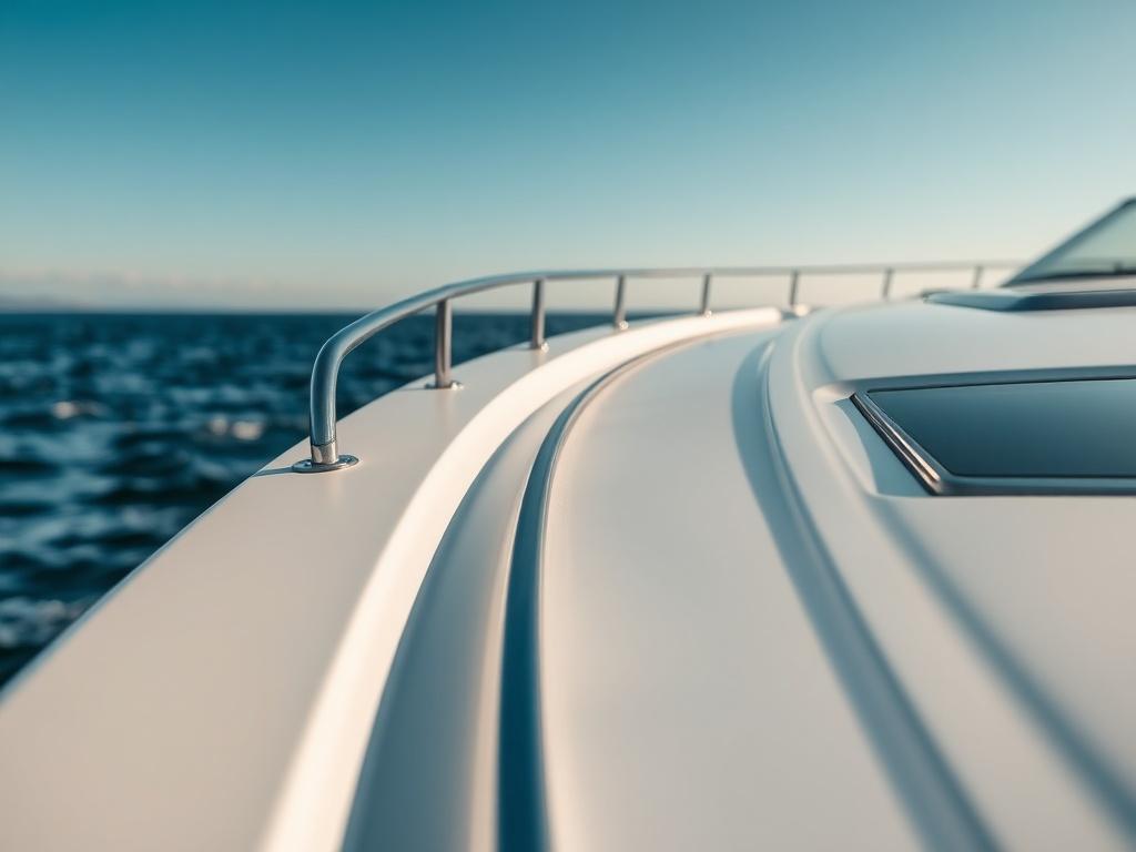 A hyper-realistic close-up shot of a beautifully cleaned yacht, showcasing gleaming surfaces and pristine decks. The background features gentle waves and a clear blue sky, emphasizing the maritime environment. The image should focus on the details of the boat's exterior, highlighting the shine and cleanliness achieved through professional marine cleaning.