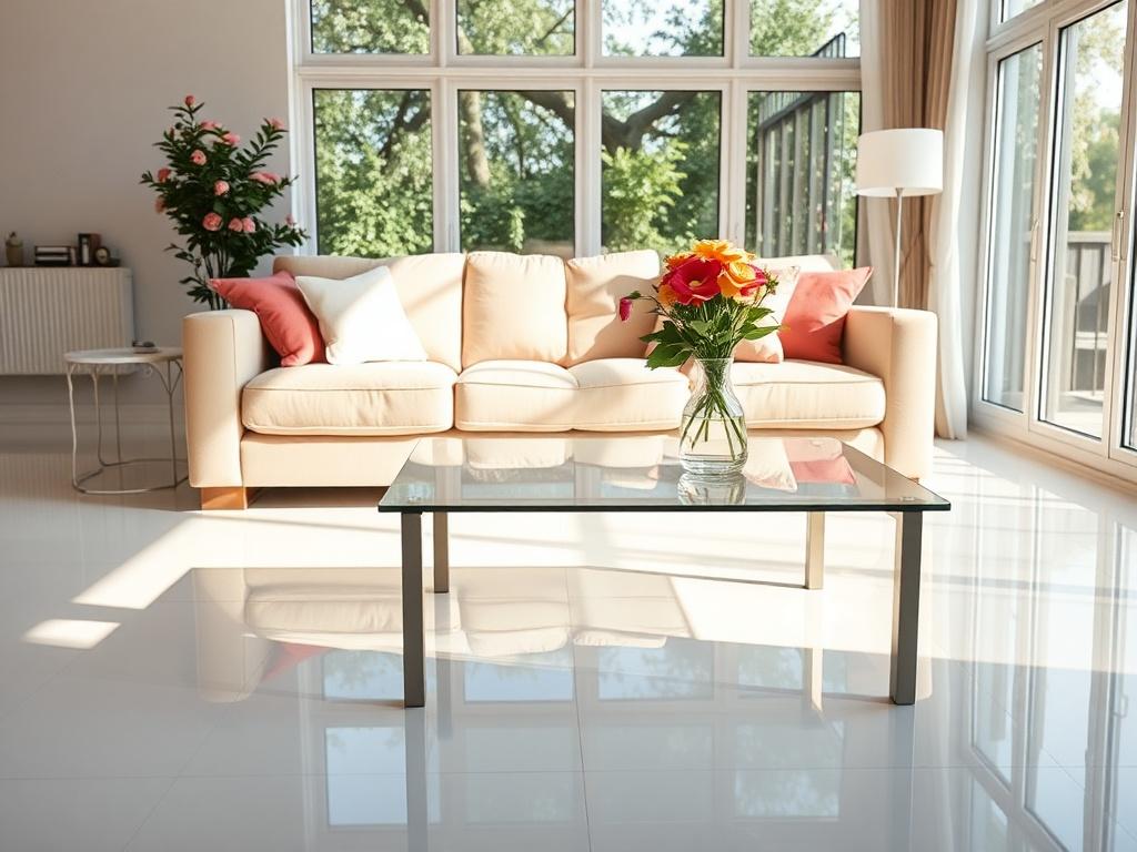 A clean and organized living room with a soft couch,