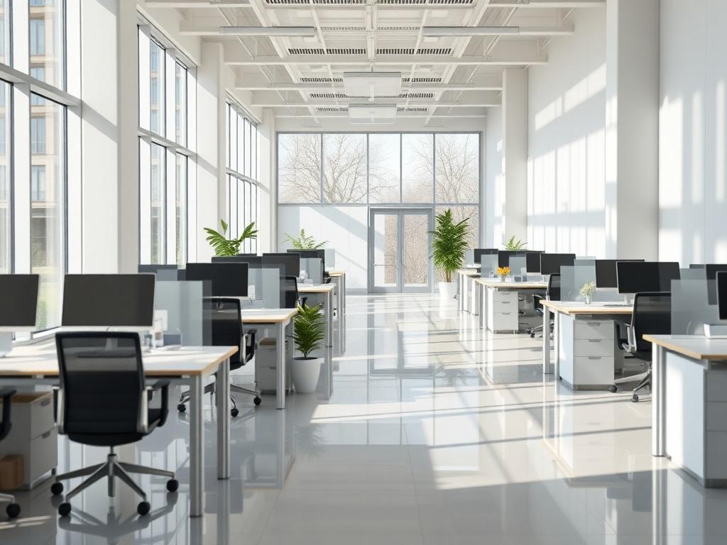 A modern office space with neatly arranged desks, clean windows,