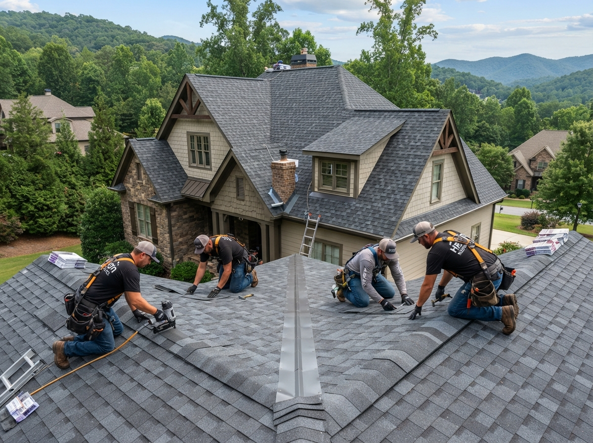 Professional roofing crew installing asphalt shingles with expert detail work