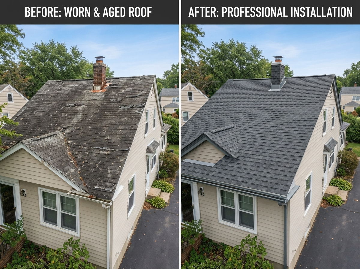 Before and after roof replacement showing quality craftsmanship