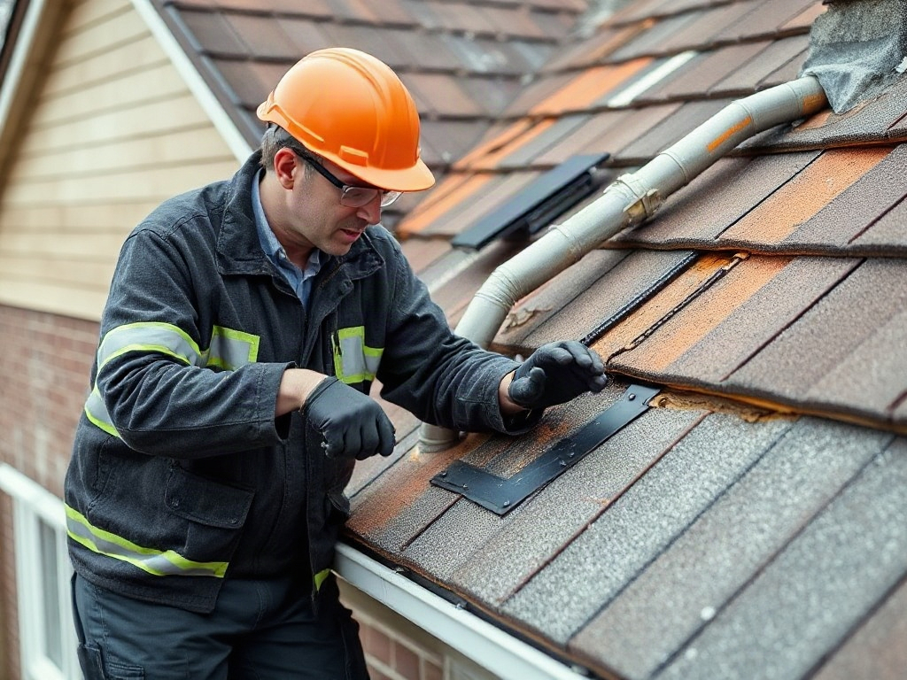 Professional roof inspection - examining shingles, flashing and roof condition