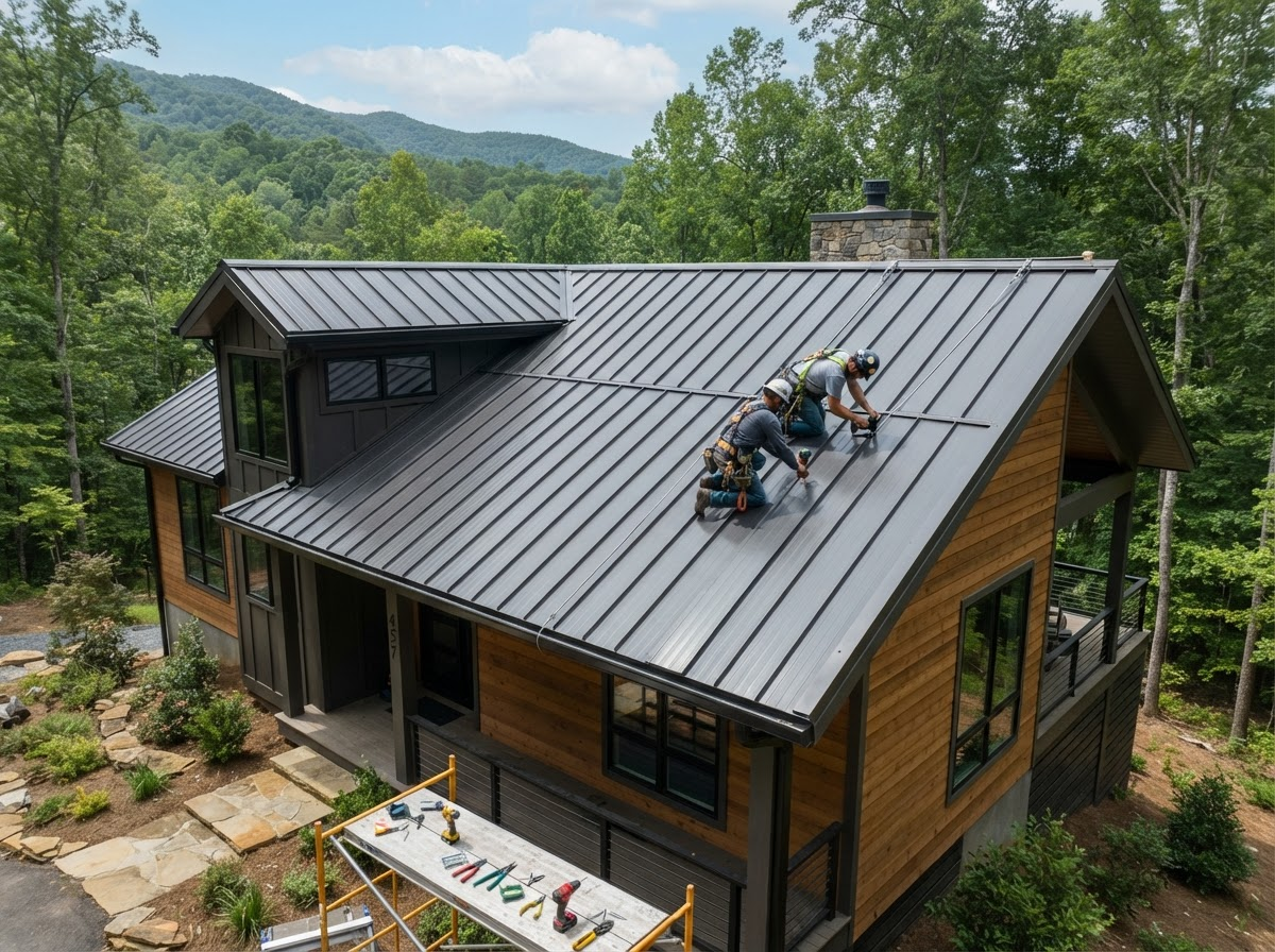 Metal roofing installation on contemporary home with durable panels and proper details