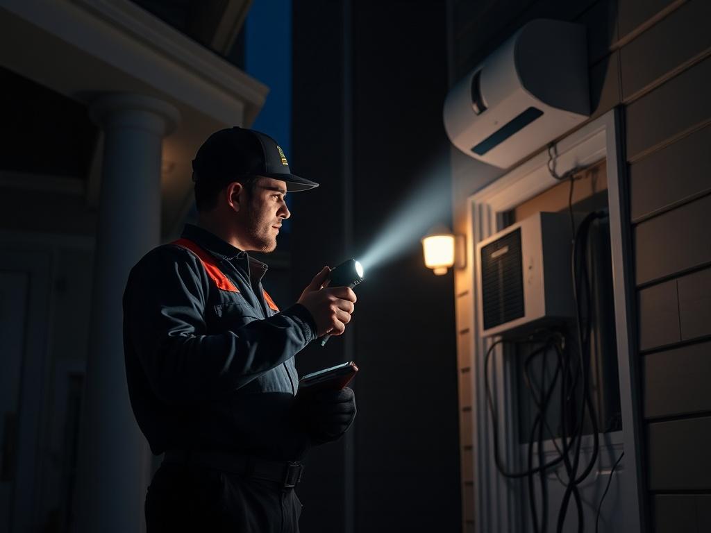 A technician responding to an emergency HVAC call at night,