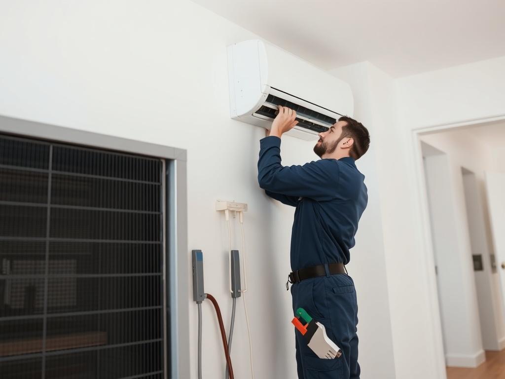 A technician inspecting an HVAC unit in a clean, well