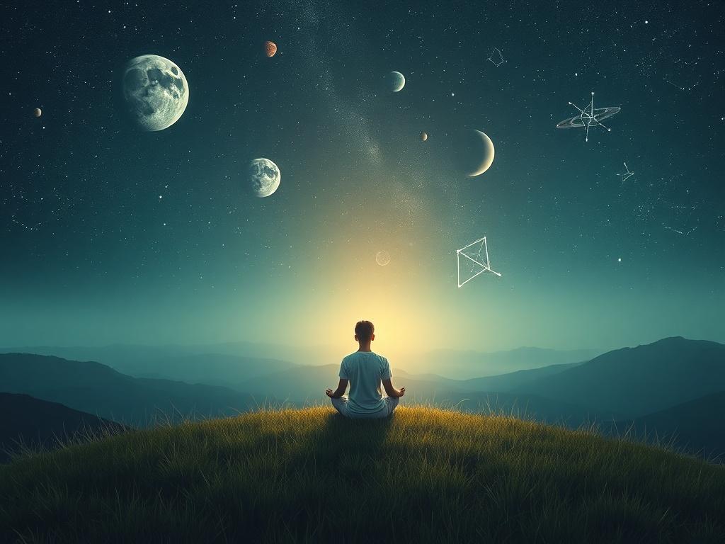 A serene and peaceful setting featuring a single person sitting