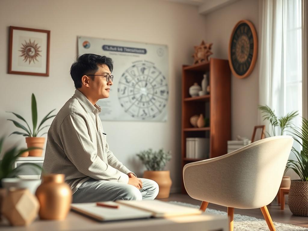 A serene office setting with soft lighting and calming colors,
