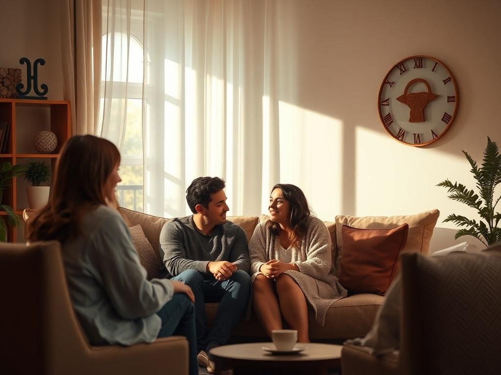 A couple sitting together in a cozy living space, engaged