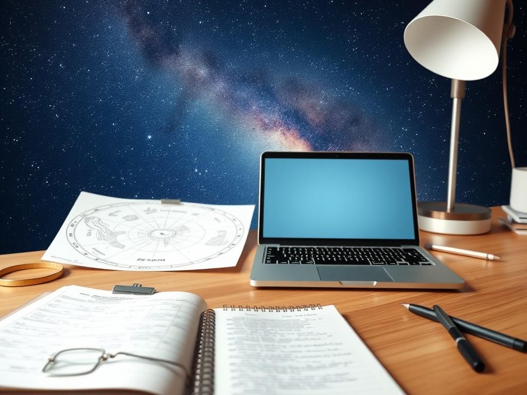 An inspiring workspace with a laptop, astrological charts, and a