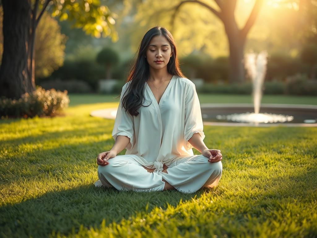 **Prompt for AI Image Generation:**

Create a realistic high-resolution photo that reflects the theme of "Understanding Karmic Patterns in Relationships." The composition should be simple and clear, featuring a single subject: a serene, contemplative person sitting cross-legged on a soft, lush green lawn. The individual, a South Asian woman in her early thirties with long, flowing hair, embodies a sense of peace and introspection. Her attire is a simple, flowing white dress that signifies purity and opennes