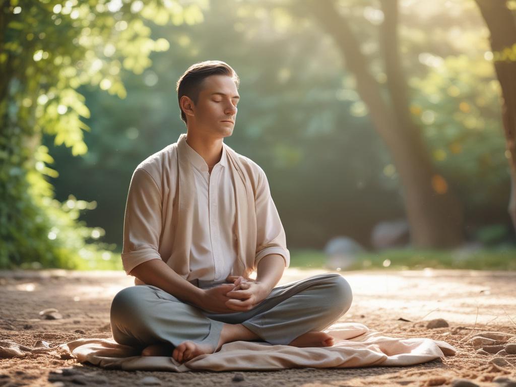 a person meditating in a tranquil outdoor setting, soft lighting,