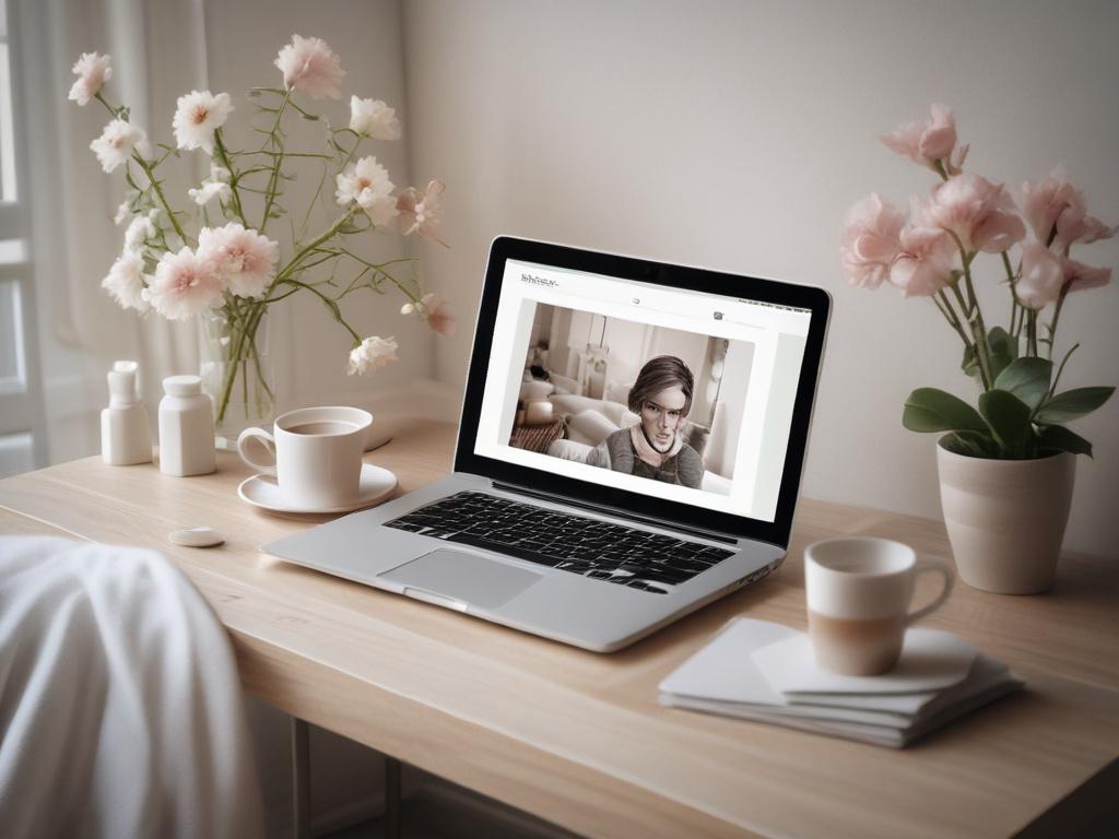 Create a realistic high-resolution photo that encapsulates the essence of a blog titled “Digitale Balance finden: Tipps für ein achtsames Online-Leben.” The composition should feature a single subject, a young woman in her late 20s, seated comfortably at a minimalist wooden desk in a softly lit, tranquil home environment. She should be engaged in a mindful moment, gently holding a smartphone in one hand while resting her chin on the other hand, portraying a sense of reflection. 

The background should showc