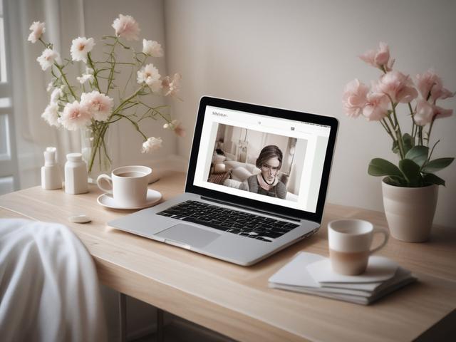 Create a realistic high-resolution photo that encapsulates the essence of a blog titled “Digitale Balance finden: Tipps für ein achtsames Online-Leben.” The composition should feature a single subject, a young woman in her late 20s, seated comfortably at a minimalist wooden desk in a softly lit, tranquil home environment. She should be engaged in a mindful moment, gently holding a smartphone in one hand while resting her chin on the other hand, portraying a sense of reflection. 

The background should showc