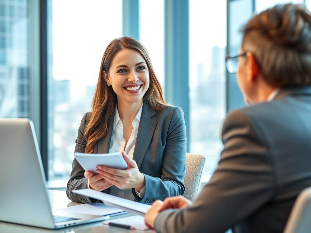 A female financial advisor in a professional office setting, confidently discussing financial strategies with a client. The advisor is focused and engaged, with a warm smile, wearing business attire. The background features a modern office with a large window showcasing a city view. The lighting is bright and inviting, emphasizing a collaborative atmosphere. The image should be shot in hyper-realistic style with a close-up focus, using a 45mm f/1.2 lens.