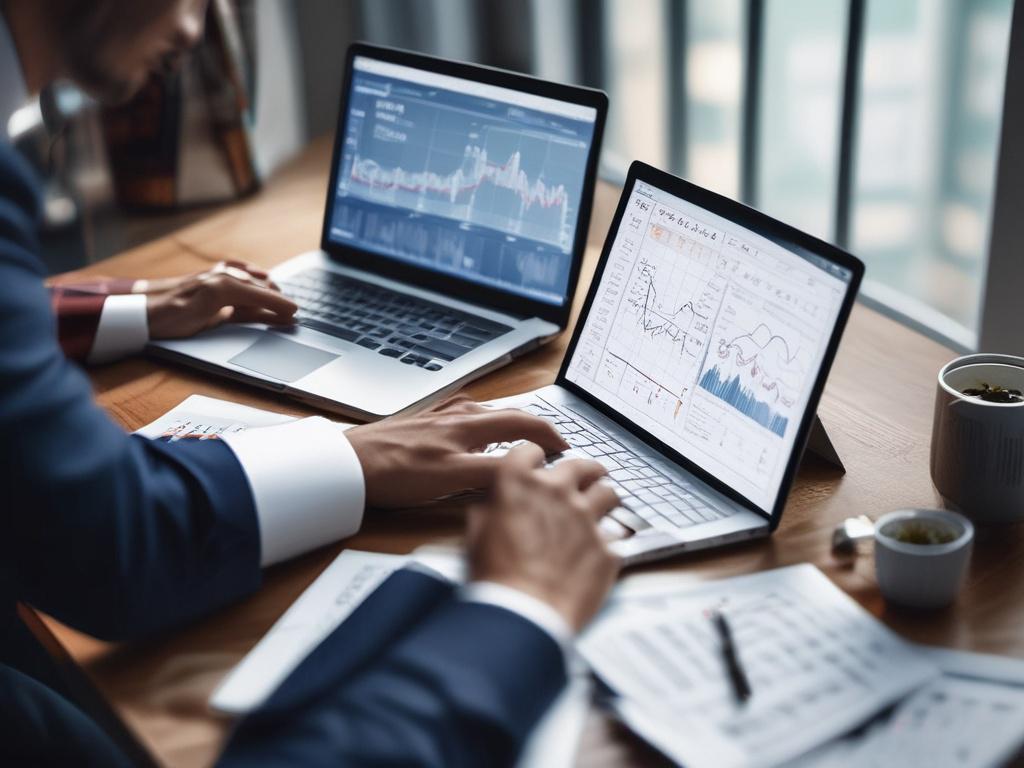 A close-up shot of a professional financial advisor analyzing data on a laptop, surrounded by financial reports and charts. The scene is well-lit, emphasizing the advisor's focused expression. The background is a modern office environment with subtle hints of financial elements like graphs and calculators. The color scheme should align with the primary color rgb(193, 153, 87), creating a cohesive and professional appearance.