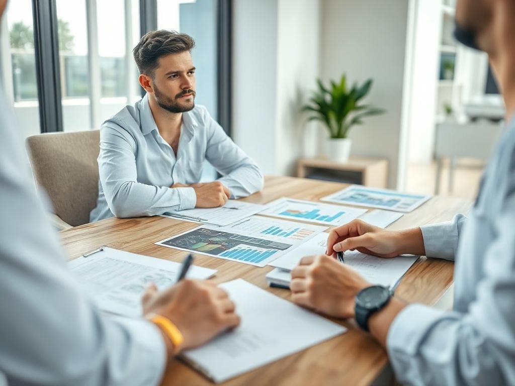A hyper-realistic close-up shot of a financial advisor and a client engaged in a strategic planning session, with documents and graphs spread out on a table. The setting is bright and modern, reflecting a collaborative and focused environment.