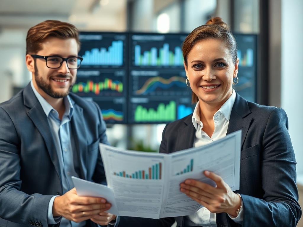 A hyper-realistic close-up shot of a financial advisor confidently presenting a clear, concise report to a client in a well-lit office setting. The background shows a modern workspace with financial charts and graphs on a digital screen, conveying clarity and professionalism.