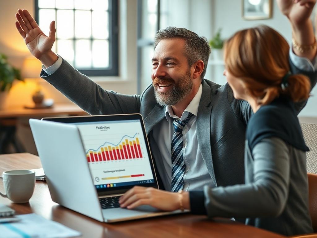 A hyper-realistic close-up shot of a financial advisor celebrating a successful client meeting, with a laptop open displaying positive outcomes and graphs. The background shows a warm, inviting office space that embodies success and accomplishment.