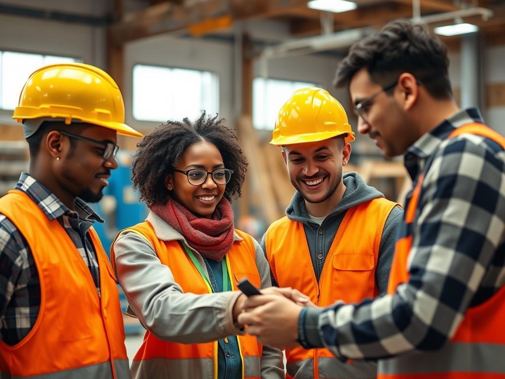 A close-up shot of a diverse group of individuals engaged in a construction training session. The focus is on a mentor guiding a young adult, with tools and building materials visible in the background. The setting is a well-lit workshop filled with construction equipment, emphasizing hands-on learning and collaboration. The individuals are wearing safety gear, showcasing their commitment to learning and growth in the construction trade.