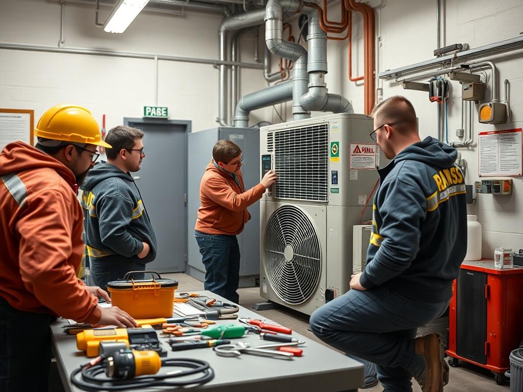 A realistic image of a small group of trainees working on an HVAC system in a workshop environment. The focus is on one trainee adjusting the settings on an HVAC unit while others watch and learn. Tools and equipment are spread around, and the environment is bright and organized. This scene illustrates the importance of hands-on experience in preparing individuals for careers in heating, ventilation, and air conditioning.