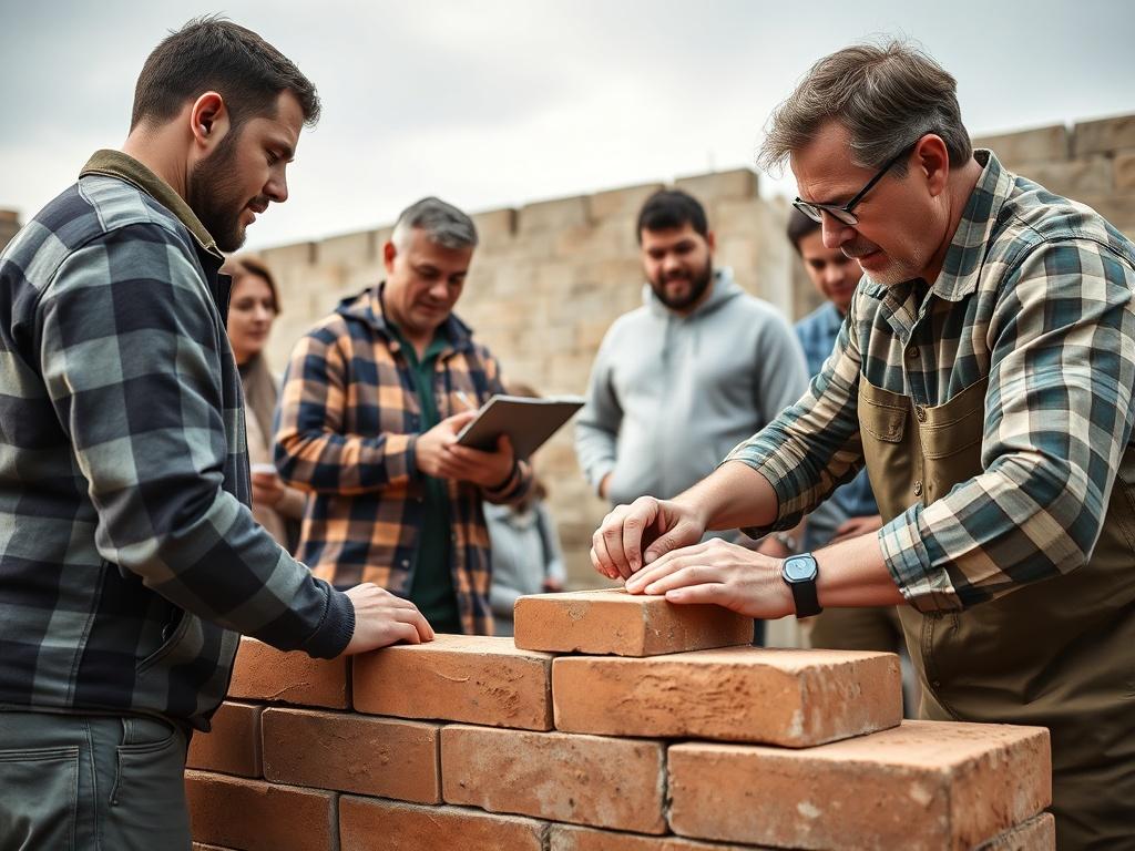 A high-resolution image capturing a skilled instructor demonstrating masonry techniques to a group of eager learners. The focus is on the instructor laying bricks, with students attentively observing and taking notes. The backdrop includes a partially constructed wall, highlighting the practical application of skills being taught. The atmosphere is one of inspiration and dedication, showcasing the importance of masonry in building sustainable homes.
