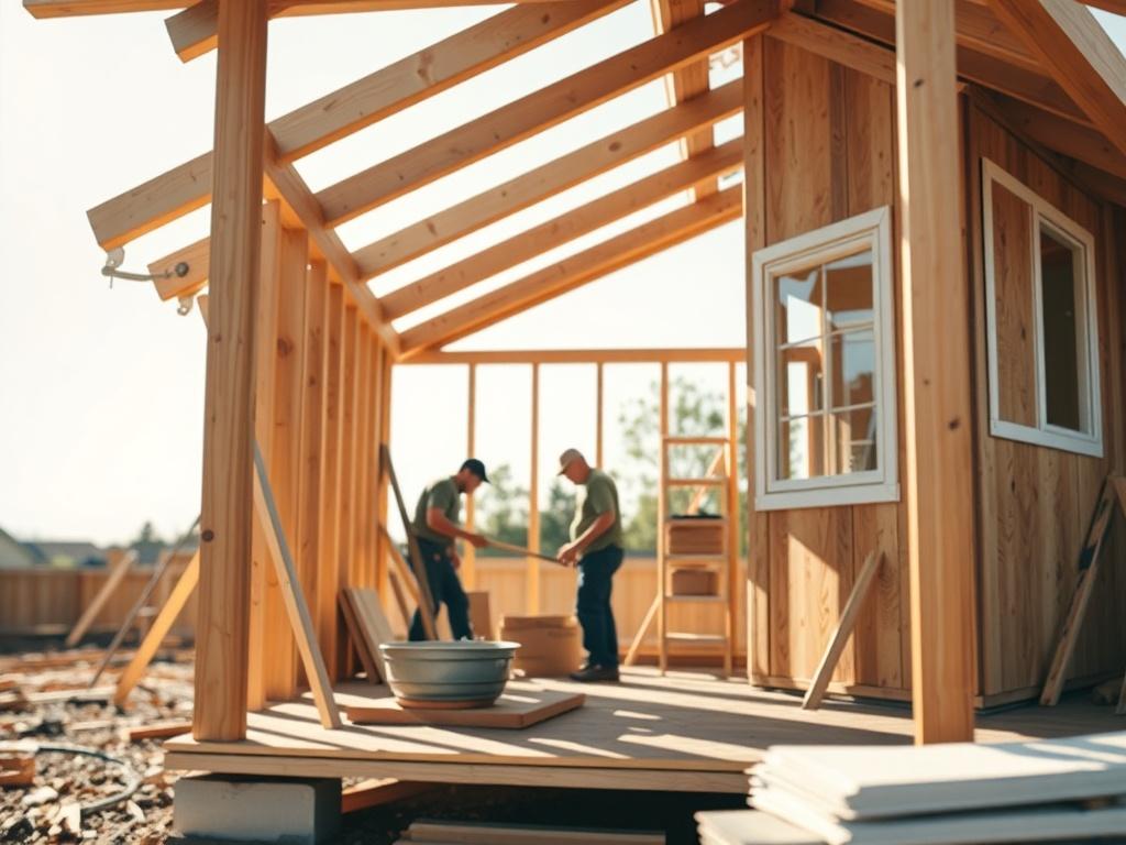A close-up shot of a tiny home under construction, showcasing the framework and materials. The image should focus on the intricate details of the building process, with a few workers in the background collaborating. The setting is bright and sunny, emphasizing the hope and opportunity this project brings to the community. The background should be blurred slightly to highlight the home and workers in focus, capturing the essence of a sustainable living space.