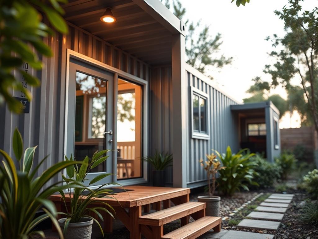 A close-up image of a converted shipping container home, highlighting its modern design and sustainable features. The foreground should show the entrance with a welcoming porch, while the background features a lush garden. The image should capture the creativity and innovation involved in repurposing shipping containers into livable spaces. Natural light should illuminate the home, showcasing its unique characteristics and inviting atmosphere.