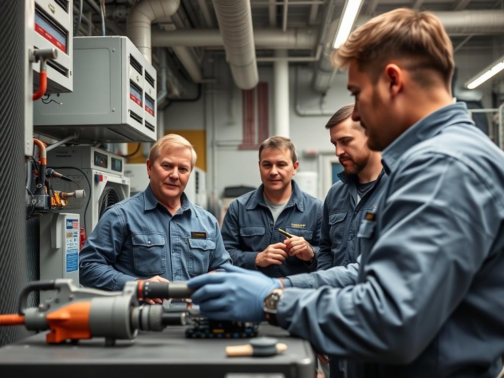 A detailed shot of a hands-on HVAC training session, with an instructor demonstrating equipment to engaged students. The setting is a well-equipped training facility, filled with tools and HVAC units. The focus should be on the instructor and students actively participating, highlighting the importance of skill development. The image should convey a sense of learning, collaboration, and empowerment in the field of heating, ventilation, and air conditioning.