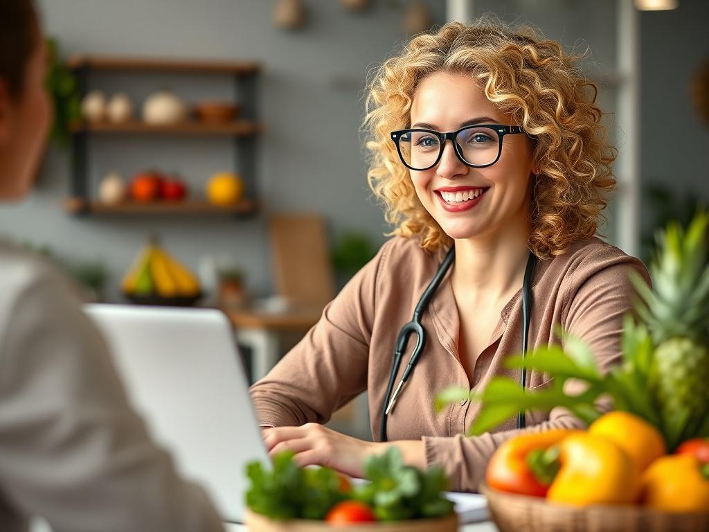 A close-up shot of a friendly female nutritionist with curly blonde hair wearing stylish glasses, sitting at a desk with a laptop and colorful fresh fruits and vegetables around her. The background is softly blurred to emphasize her warm smile and engaging expression as she discusses nutrition with a client. The scene should be bright and inviting, reflecting a professional yet approachable atmosphere, with a color palette that complements the primary color #C31755.