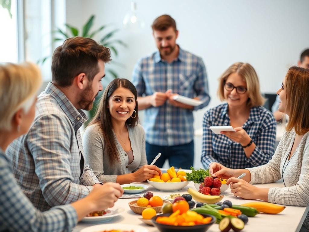 A close-up shot of a group of engaged participants in a nutritional education workshop, seated at a table filled with healthy food samples. The instructor stands at the front, passionately explaining concepts, while participants take notes and ask questions. The background is softly blurred to keep the focus on the lively interaction and learning environment.