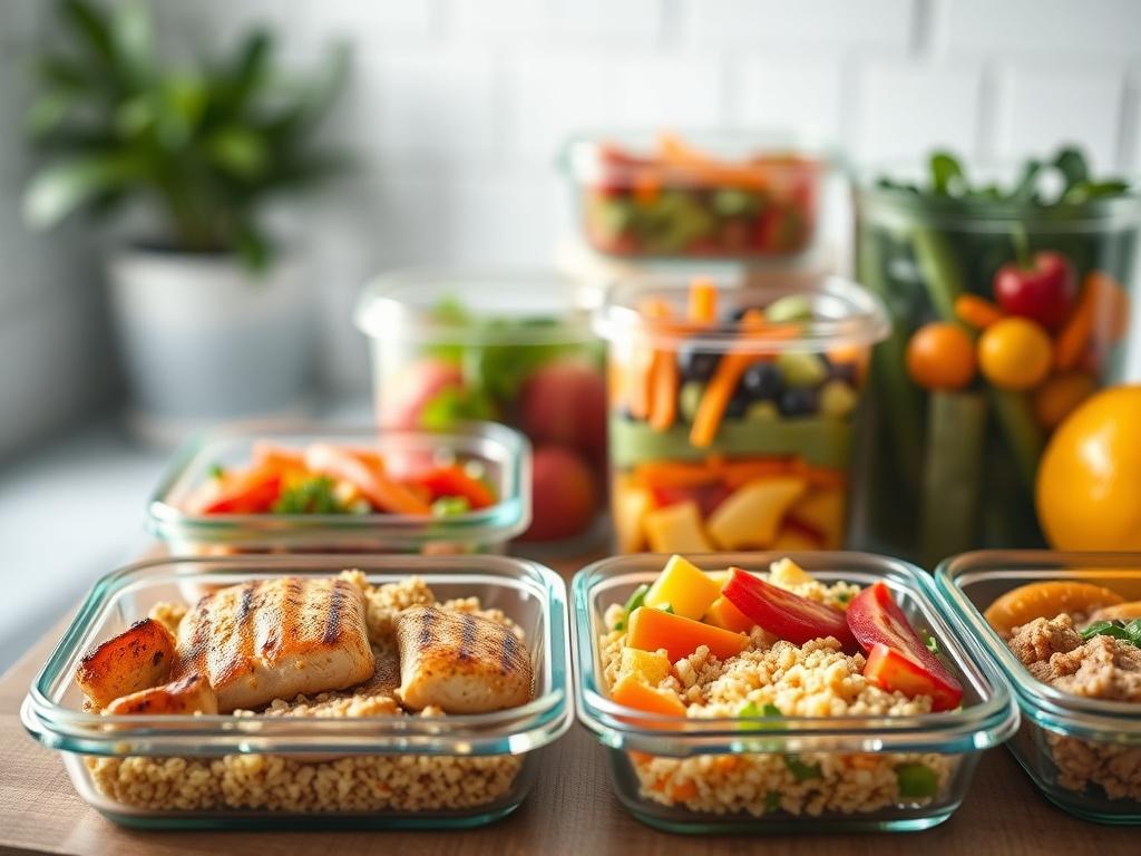 A beautifully arranged meal prep scene featuring a variety of realistic, high-resolution food options. The foreground showcases several clear, glass meal prep containers filled with colorful, healthy meals, including grilled chicken, quinoa, vibrant vegetables, and fresh fruits. The background is softly blurred to emphasize the meal prep containers, and the color scheme is warm and inviting. The lighting is bright and natural, giving the food a fresh look. The entire composition should evoke a sense of heal