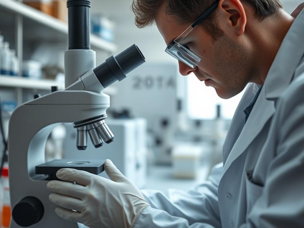 A close-up shot of a laboratory technician examining mold samples under a microscope. The background features laboratory equipment and a clean, sterile environment. The focus is sharp on the technician's hands and the microscope, showcasing precision and expertise in mold testing. The image should have a realistic, high-resolution quality, rendered in vibrant colors compatible with the rgb(2, 86, 197) primary color.