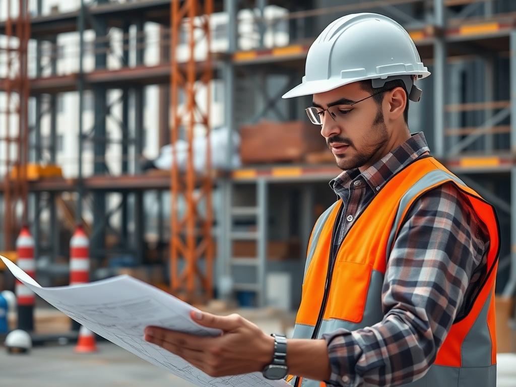 A realistic high-resolution photo depicting a professional in a hard hat and safety vest reviewing construction plans at a job site. The background features construction equipment and scaffolding, showcasing an active work environment. The subject is focused and engaged, highlighting the importance of compliance and quality assurance in construction projects. The image should have a simple composition with a clear focus on the professional and the plans, with RGB color 2, 86, 197 in elements of the scene.