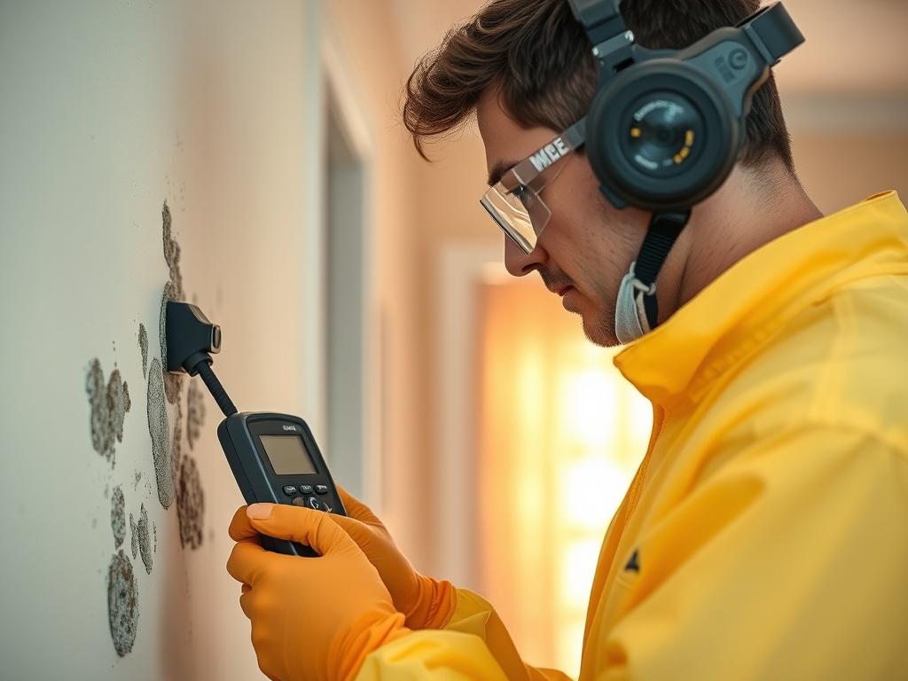 A close-up shot of a mold assessment professional inspecting a wall for mold growth, holding a moisture meter and wearing protective gear. The background is blurred, focusing on the professional and the area being inspected. The setting is a residential space, showcasing a well-lit room with signs of potential mold issues.