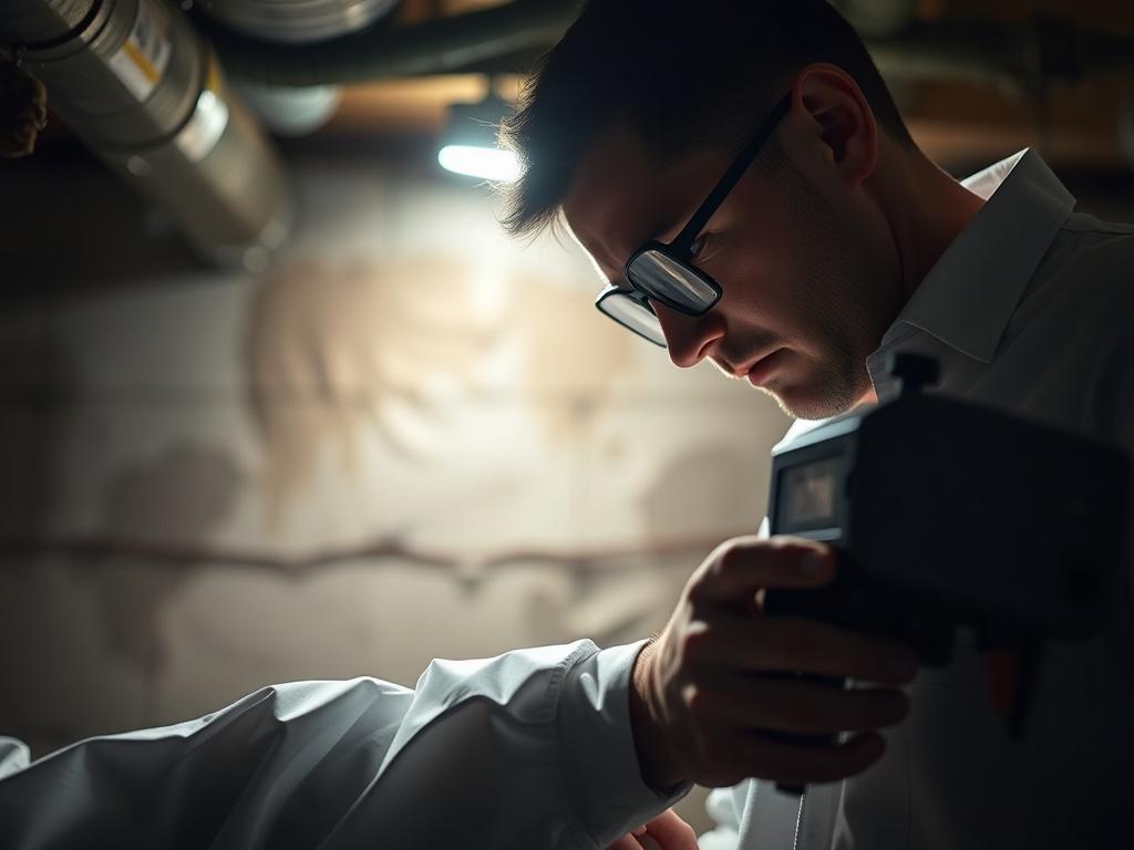 A close-up shot of a mold assessment professional using testing equipment in a dimly lit basement. The focus should be on the equipment and the professional's concentration, showing the seriousness of mold assessment. The background should include visible signs of water damage, enhancing the urgency of the assessment.