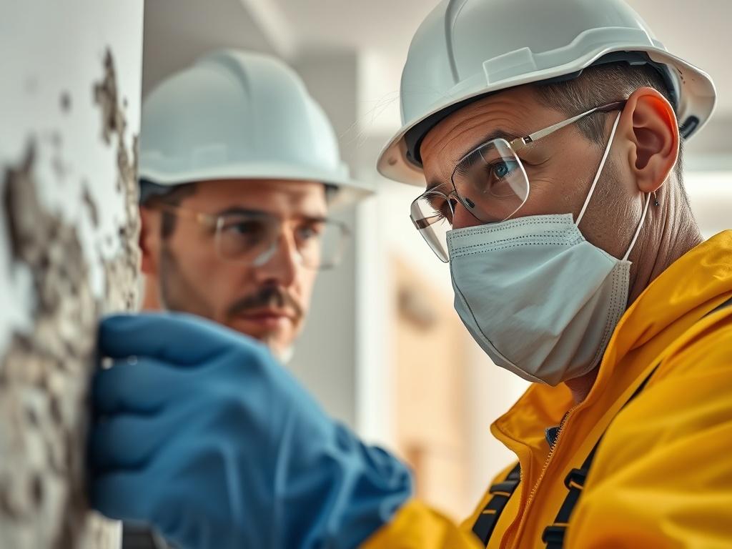 A close-up shot of a professional contractor inspecting mold in a residential setting. The contractor, wearing protective gear, is examining a wall with visible mold growth. The background shows a well-lit room, emphasizing cleanliness and safety. The composition should focus on the contractor's serious expression and the mold, capturing the urgency and importance of mold enforcement.