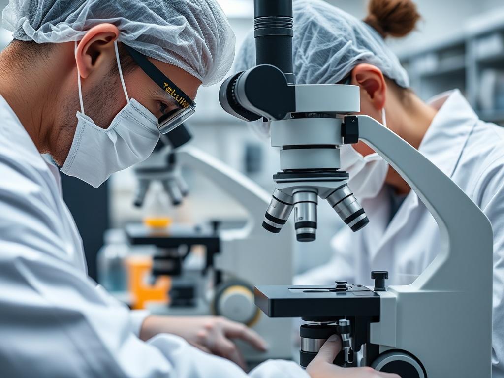 A close-up shot of laboratory technicians analyzing mold samples under a microscope. The scene should depict a clean and organized lab environment, highlighting the testing process's precision and professionalism. The focus should be on the equipment and the technicians' careful work, illustrating the scientific approach to mold testing.