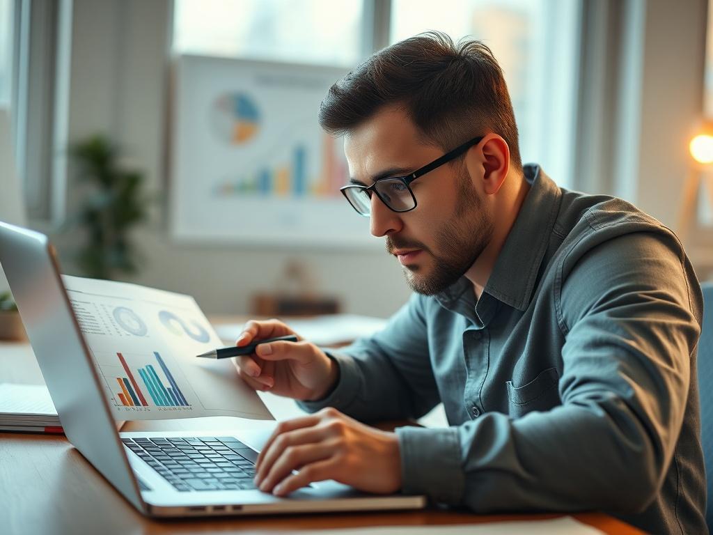 A close up shot of a focused entrepreneur analyzing graphs