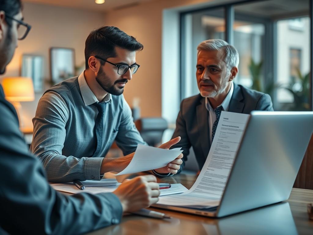 A close-up shot of a professional business consultant engaged in a discussion with a client, surrounded by documents and a laptop showing business formation paperwork. The setting is a modern office with a warm color palette, showcasing a welcoming atmosphere. The consultant is demonstrating clear communication, pointing to key areas on the documents. The lighting is soft and inviting, creating an atmosphere of trust and professionalism.