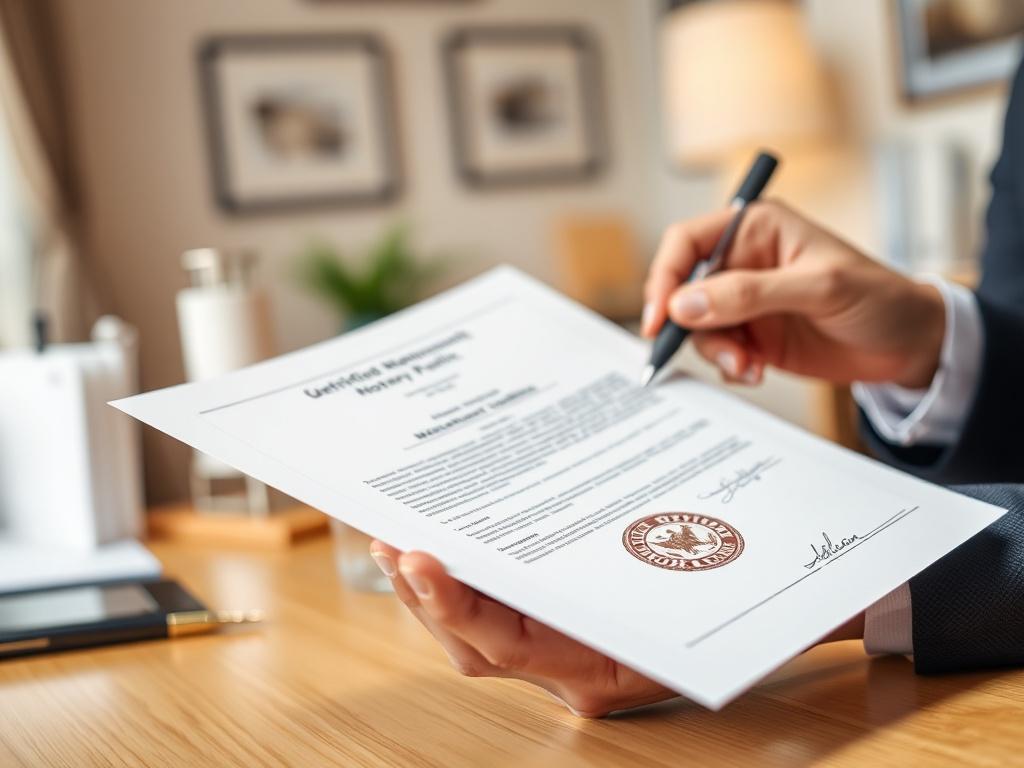A hyper-realistic close-up shot of a certified notary public in an office setting, holding a notarized document with a seal. The background is simple and uncluttered, showcasing a desk with professional tools and a warm, inviting ambiance. The focus is on the notary's hands and the document, emphasizing trust and professionalism.