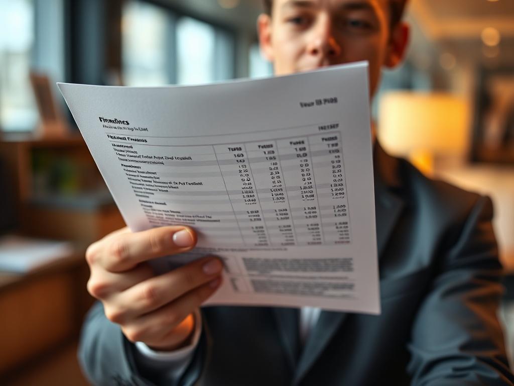 A close-up shot of a professional holding a document with financial data in an office setting, showcasing clarity and focus on the document. The background should be softly blurred to emphasize the subject, with warm lighting enhancing the atmosphere, reflecting a sense of professionalism and trust.