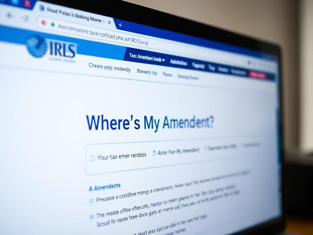 A close-up shot of a computer screen displaying the IRS website, specifically on the page for tracking tax amendments. The screen should show clear navigation elements, focusing on the 'Where's My Amendment?' section. The background should be simple, with a soft focus to emphasize the screen. This image should convey a sense of clarity and ease of use.