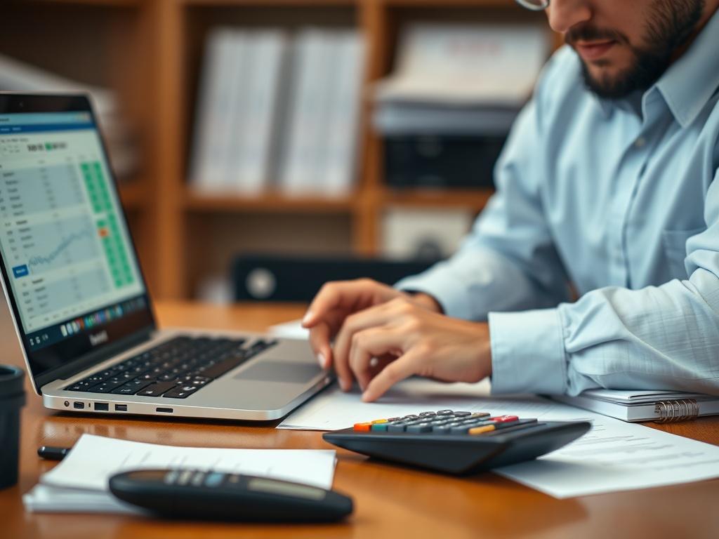 A close-up shot of a professional accountant working on payroll calculations at a desk. The scene features a laptop displaying payroll software, a stack of paperwork, and a calculator. The background is softly blurred to emphasize the accountant's focused expression. The color palette includes warm tones, reflecting a productive and organized work environment.