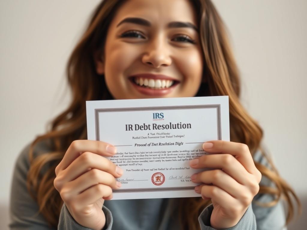 A close-up shot of a happy individual holding an IRS Debt Resolution certificate, showcasing relief and contentment. The background should be softly blurred to emphasize the individual, with warm lighting that conveys a sense of joy and success. The person should be wearing casual, professional attire and smiling, reflecting the positive outcome of resolving their IRS debt.