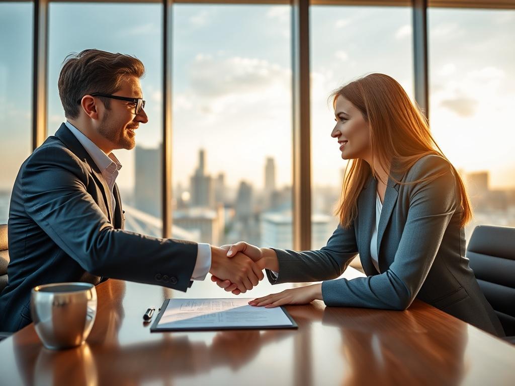A professional business meeting scene in a modern office setting. Focus on two business people, a man and a woman, shaking hands over a contract on the table. The background features large windows with a city skyline view, providing a bright and optimistic atmosphere. The subjects are dressed in business attire, conveying professionalism and success. The lighting is warm and inviting, emphasizing the importance of the moment.